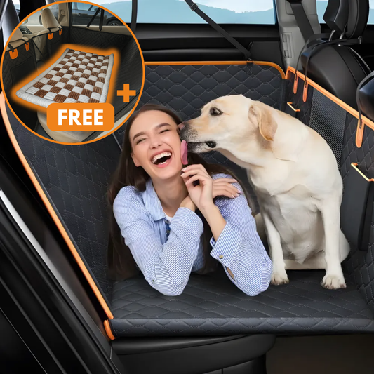 Woman and dog on a car seat cover with a checkered mat and 'Free' offer inset.
